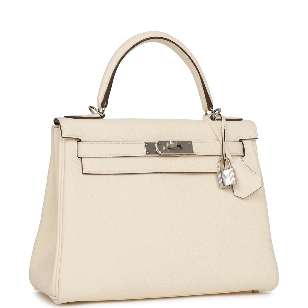 Hermes Kelly 28 Retourne Bag White Clemence Leather with Gold