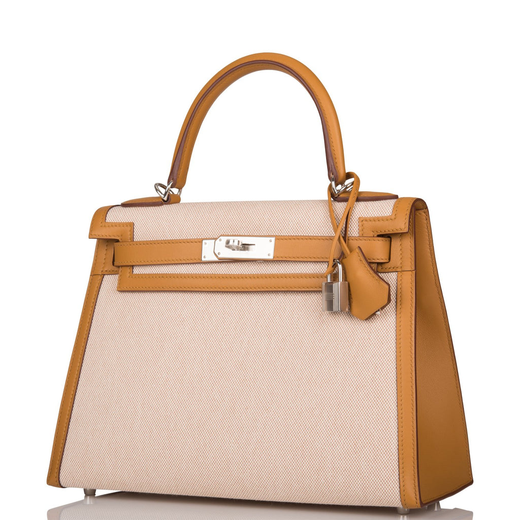 Hermès Kelly Sellier 25 Sesame Toile and Swift Leather Quadrille PHW S