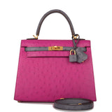 Hermes Special Order (HSS) Kelly Sellier 25 Rose Pourpre and Gris Agate Ostrich Brushed Gold Hardware