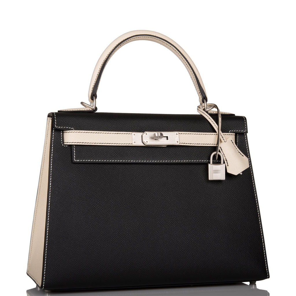 Hermes Special Order (HSS) Kelly Sellier 28 Black and Craie Epsom Brushed Palladium Hardware Black/Ivory Madison Avenue Couture