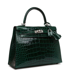 Hermes Kelly Sellier 25 Vert Fonce Shiny Alligator Palladium Hardware