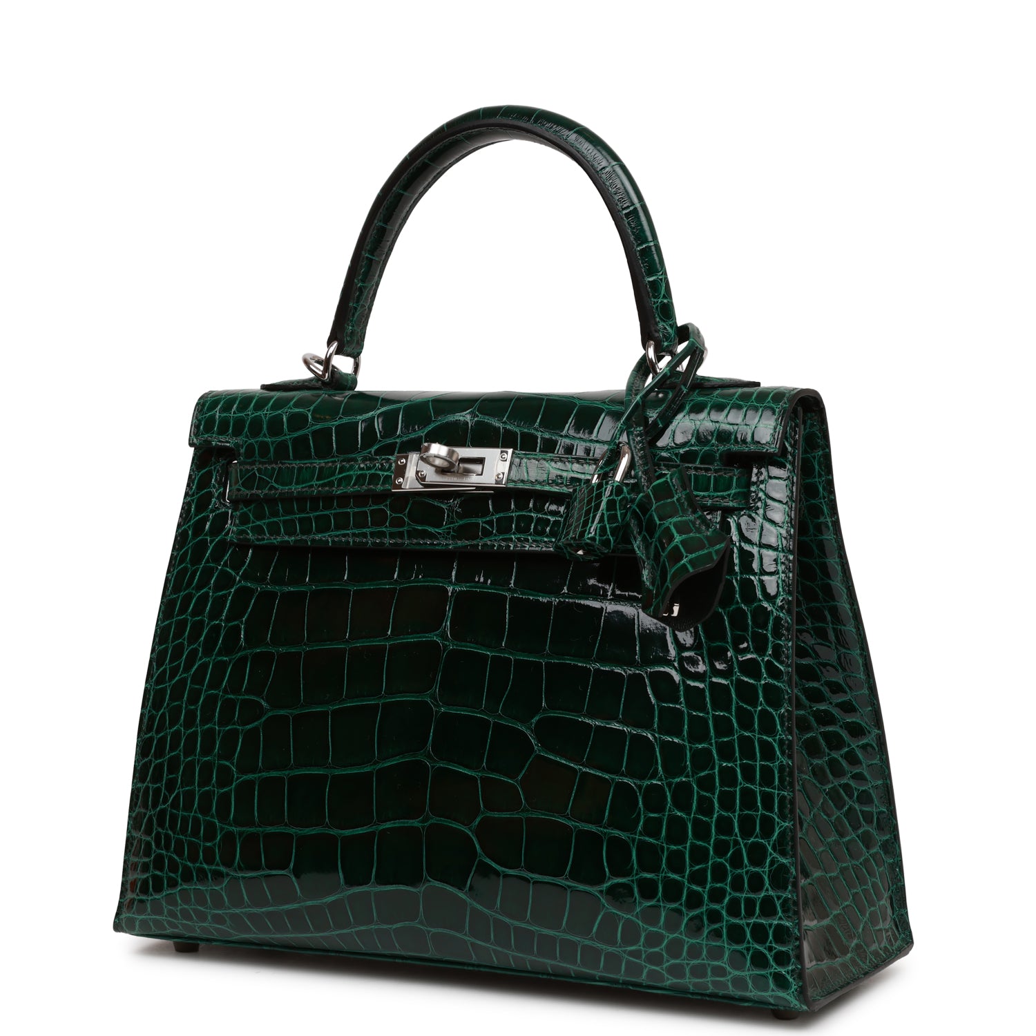 Hermes Kelly Sellier 25 Vert Fonce Shiny Alligator Palladium Hardware ...