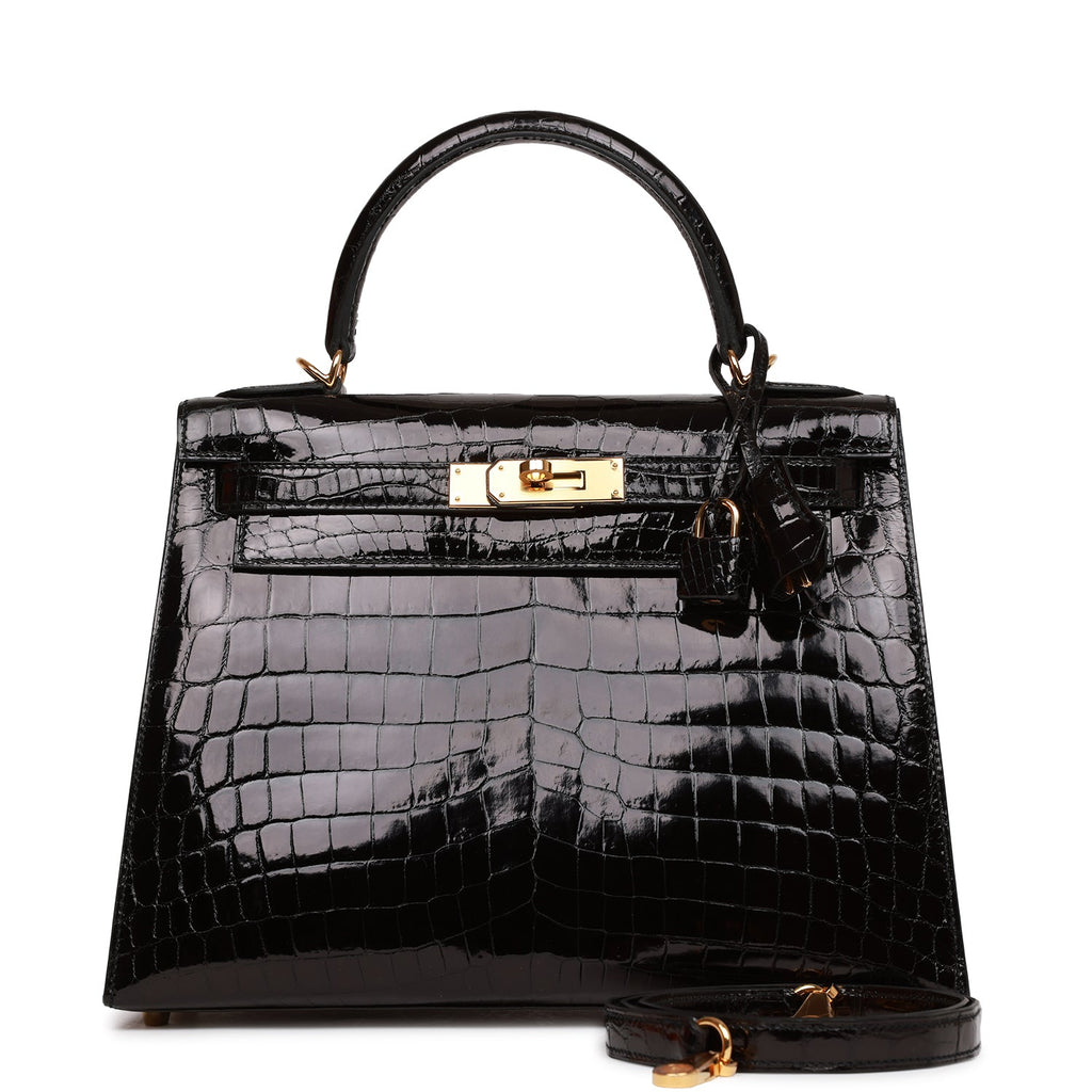 HERMES Madame Calfskin Shiny Niloticus Crocodile Kelly Sellier Touch 28  Black 1193965