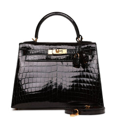 Hermes Kelly Sellier 28 Black Shiny Niloticus Crocodile Gold Hardware