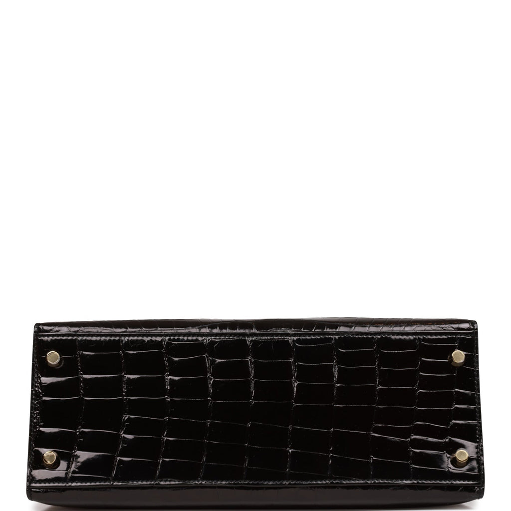 Hermès Kelly 28 Noir (Black) Sellier Crocodile Porosus Lisse Gold