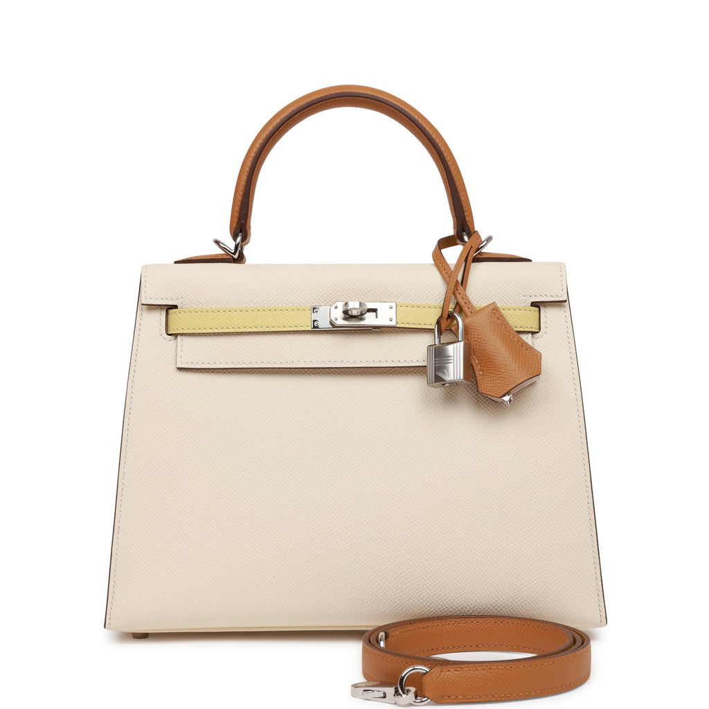 Jaune Poussin and Nata Epsom HSS Sellier Kelly 25 Brushed Gold Hardware,  2022, Handbags & Accessories, 2022