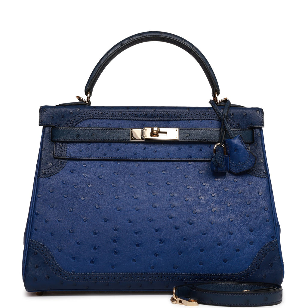 Hermes Kelly 28 Sellier Bag Ostrich Blue Iris Gold Hardware at
