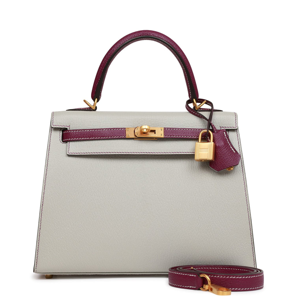 Hermes Kelly Handbag Bicolor Togo with Brushed Gold Hardware 28 Purple