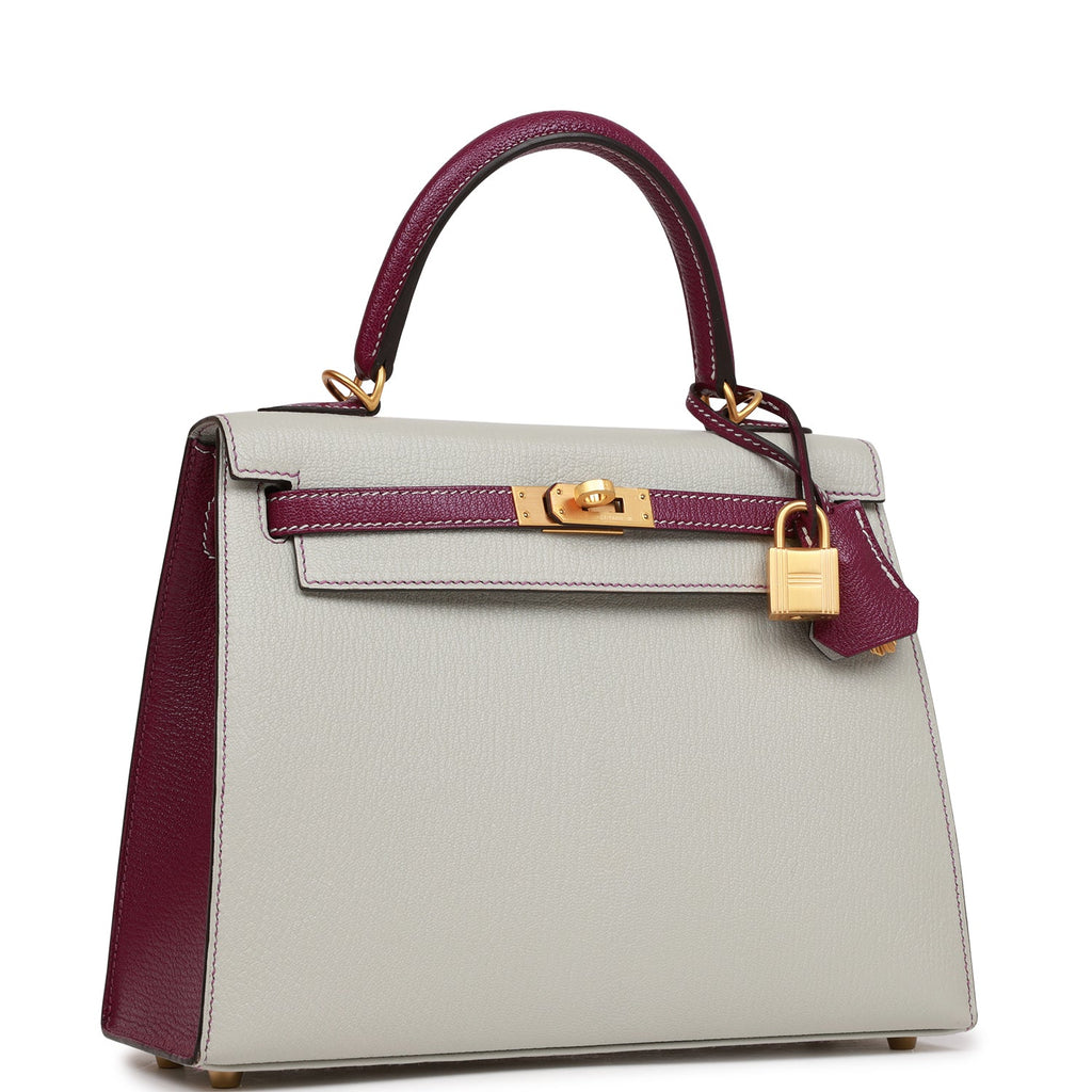 Hermes Special Order (HSS) Kelly Sellier 25 Anemone and Lime Chevre Brushed Gold Hardware Purple/Green Madison Avenue Couture