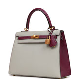 Pre-owned Hermes Special Order (HSS) Kelly Sellier 25 Gris Perle and Anemone Chevre Brushed Gold Hardware