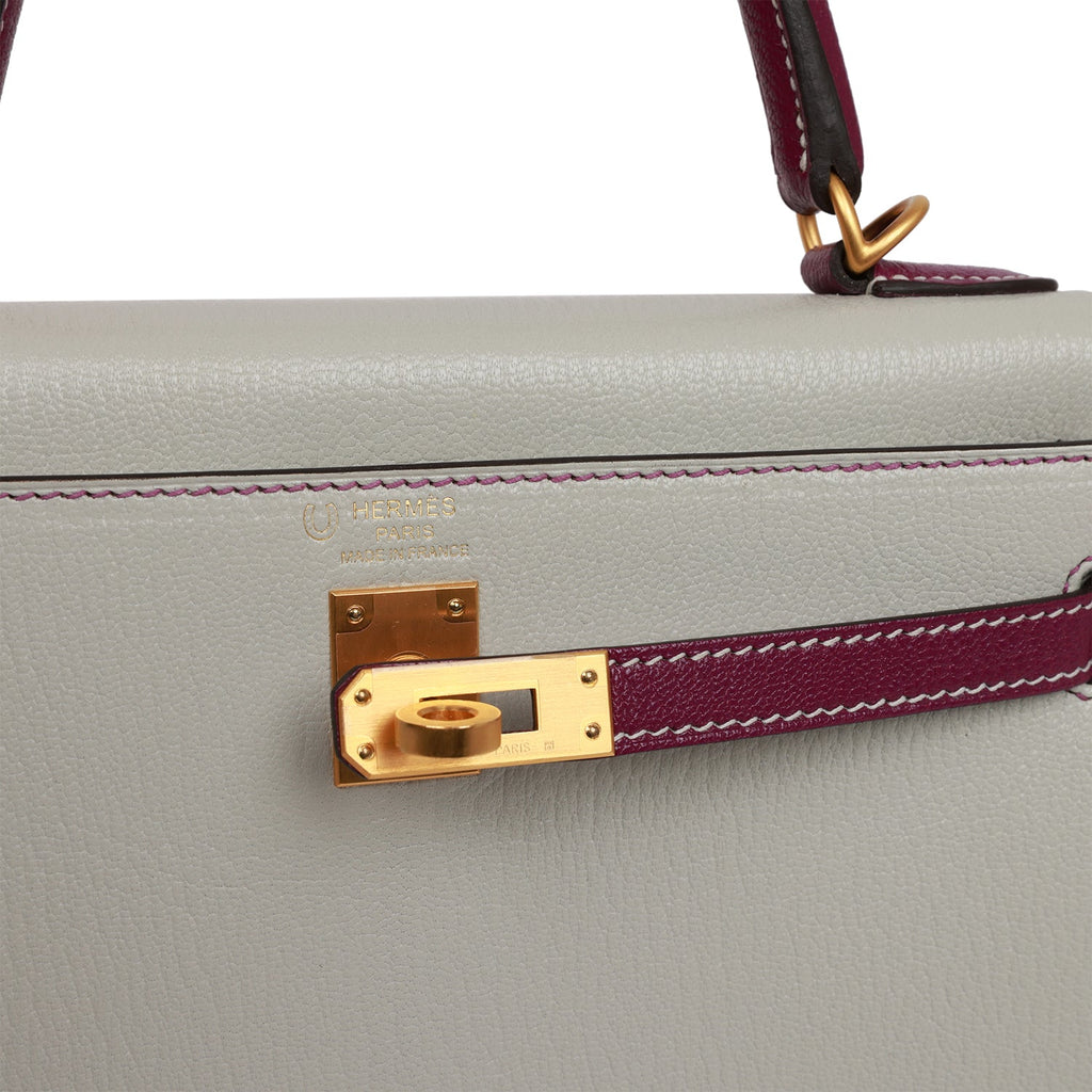 Hermes Special Order (HSS) Kelly Sellier 25 Anemone and Lime Chevre Brushed Gold Hardware Purple/Green Madison Avenue Couture