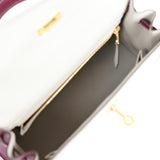 Pre-owned Hermes Special Order (HSS) Kelly Sellier 25 Gris Perle and Anemone Chevre Brushed Gold Hardware