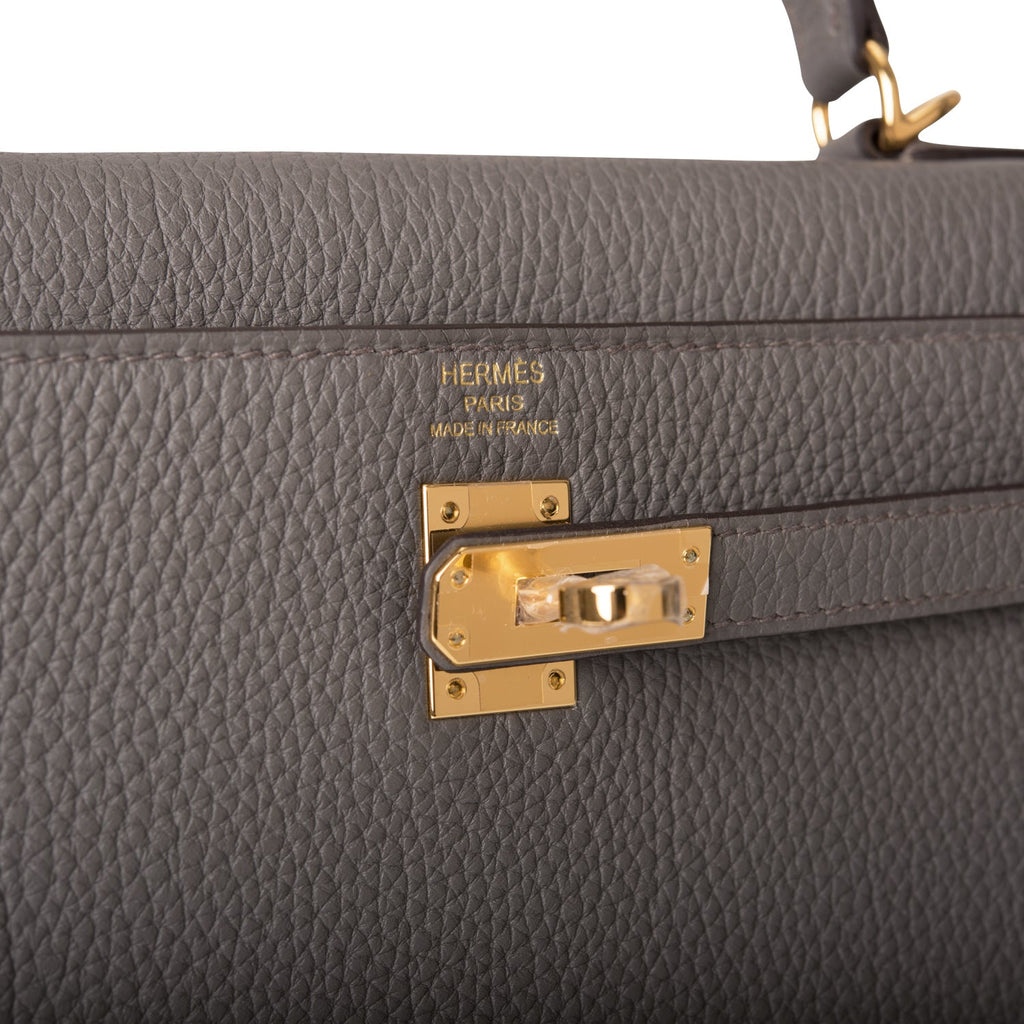 Hermes Kelly bag 25 Retourne Etain Togo leather Gold hardware