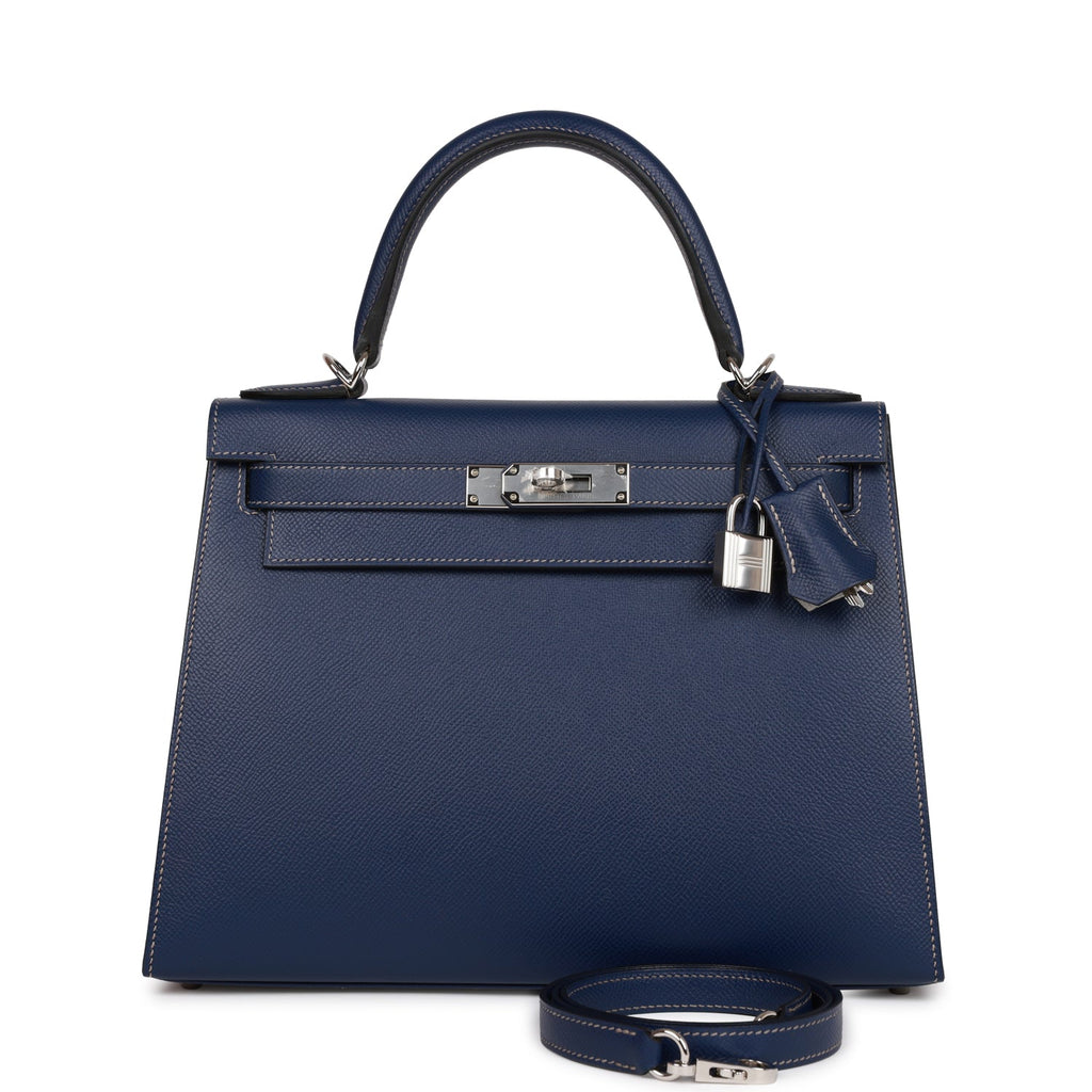 Hermes Kelly Handbag Blue Epsom with Palladium Hardware 28 Blue