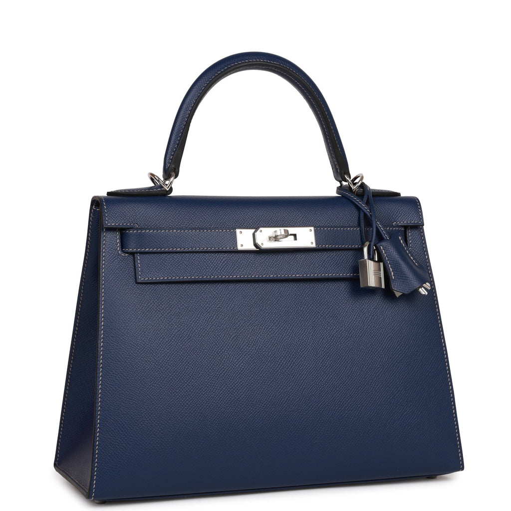 Hermes Kelly Handbag Blue Epsom with Palladium Hardware 28 Blue