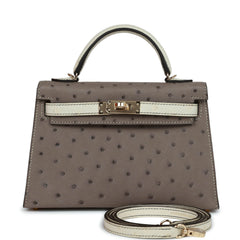 Hermes Special Order (HSS) Kelly Sellier 20 Gris Tourterelle and Graphite  Ostrich Palladium Hardware