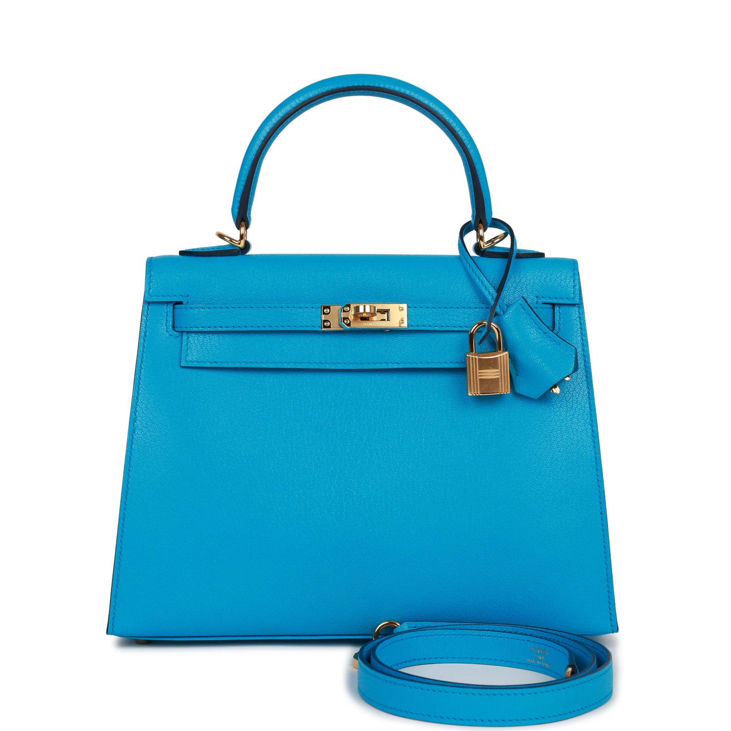 Hermes Kelly Sellier 25 Bleu Frida Chevre Gold Hardware – Madison ...