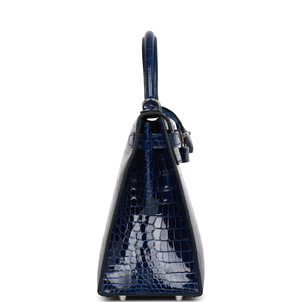 Hermes Kelly Sellier 28 Bleu Saphir Shiny Porosus Crocodile Palladium Hardware