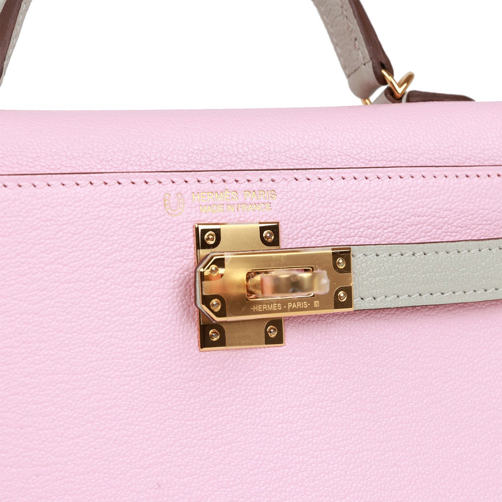 Hermes HSS Kelly Sellier 20 Rose Sakura and Gris Perle Chevre Gold Hardware  – Madison Avenue Couture