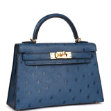 Hermes Kelly Sellier 20 Bleu Iris Ostrich Gold Hardware