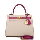 Hermes Special Order (HSS) Kelly Sellier 25 Rose Pourpre and Craie Epsom Brushed Gold Hardware