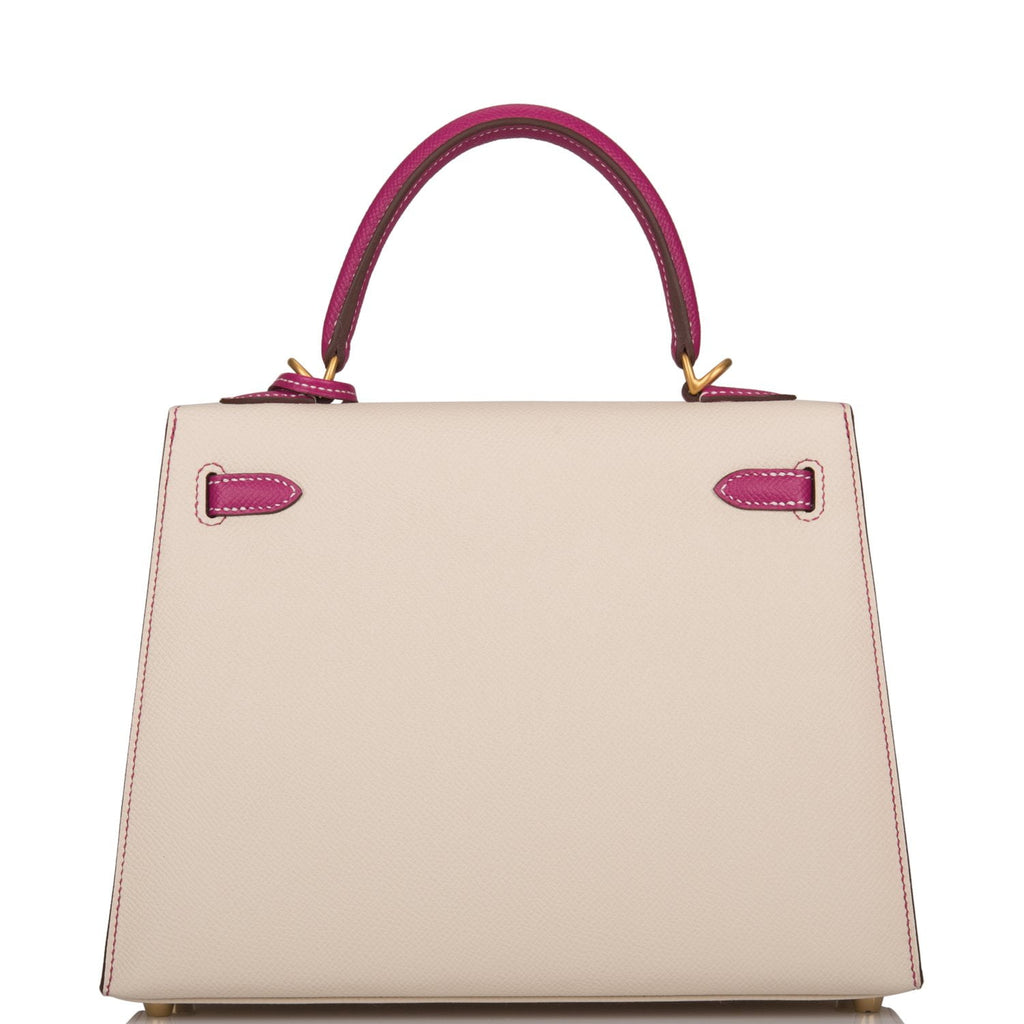 Hermes Special Order (HSS) Kelly Sellier 25 Rose Pourpre and Craie Epsom Brushed Gold Hardware