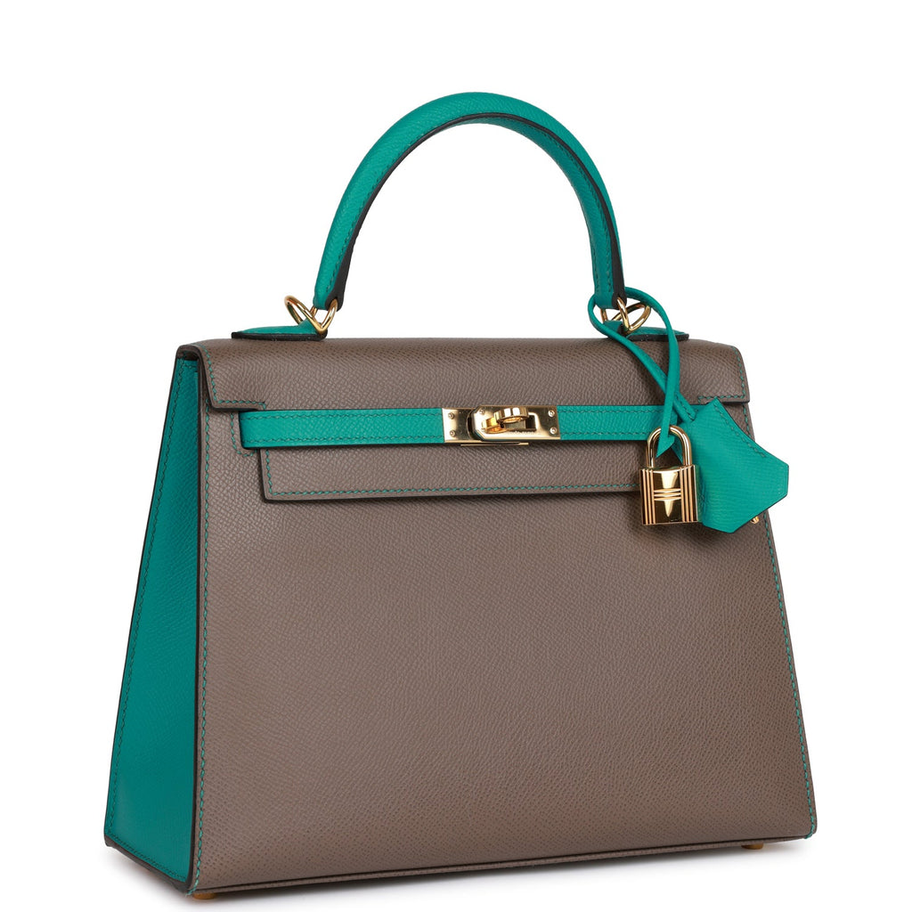 Pre-owned Hermes Special Order (HSS) Kelly Sellier 25 Etain and Bleu Paon Epsom Gold Hardware