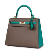 Pre-owned Hermes Special Order (HSS) Kelly Sellier 25 Etain and Bleu Paon Epsom Gold Hardware