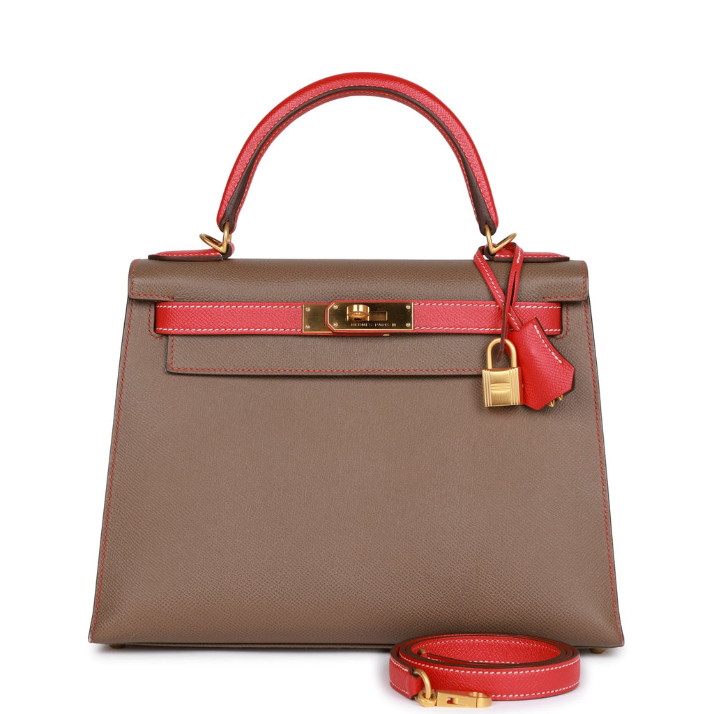 Pre-owned Hermes Special Order (HSS) Kelly Sellier 28 Etoupe and Rouge Tomate Epsom Brushed Gold Hardware