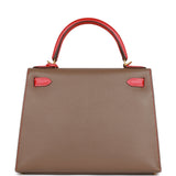 Pre-owned Hermes Special Order (HSS) Kelly Sellier 28 Etoupe and Rouge Tomate Epsom Brushed Gold Hardware