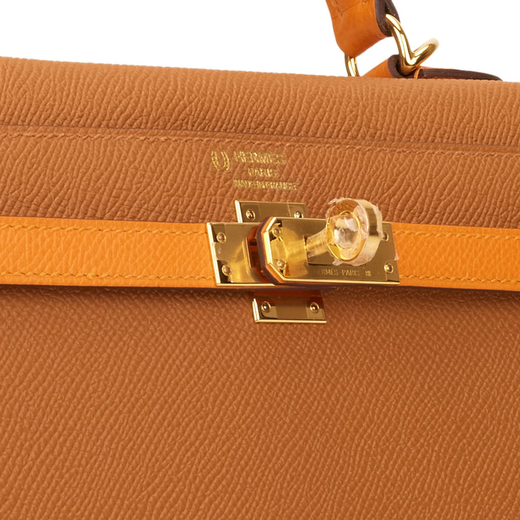 Hermes Special Order (HSS) Kelly Sellier 25 Gold and Apricot Epsom Gold Hardware
