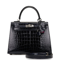 Pre-owned Hermes Kelly Sellier 25 Bleu Marine Verso Shiny Alligator Palladium Hardware