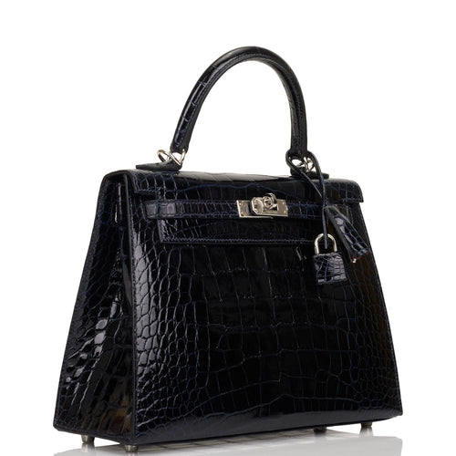 Pre-owned Hermes Kelly Sellier 25 Bleu Marine Verso Shiny Alligator Palladium Hardware