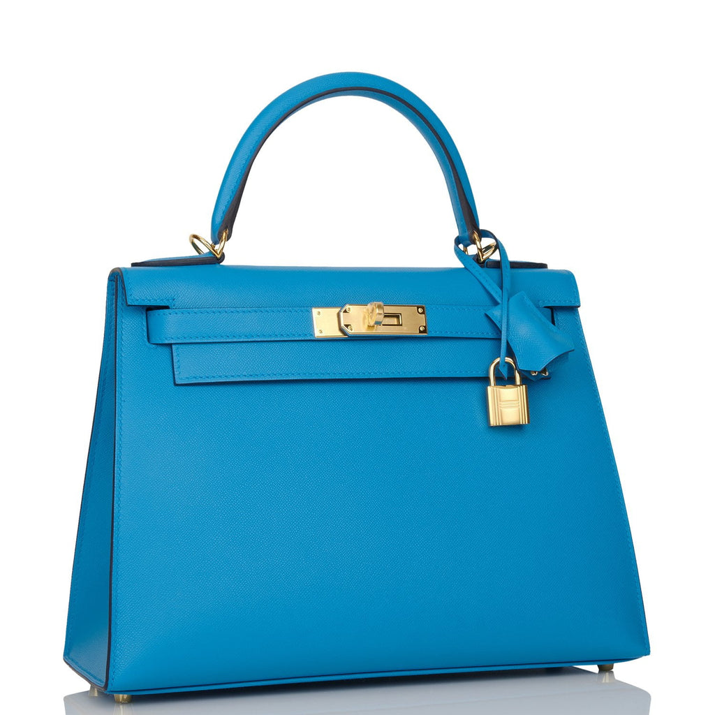 Hermes Kelly Sellier 28 Bleu Frida Epsom Gold Hardware – Madison Avenue  Couture