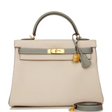 Pre-owned Hermes Special Order (HSS) Kelly Retourne 32 Craie and Gris Mouette Togo Brushed Gold Hardware