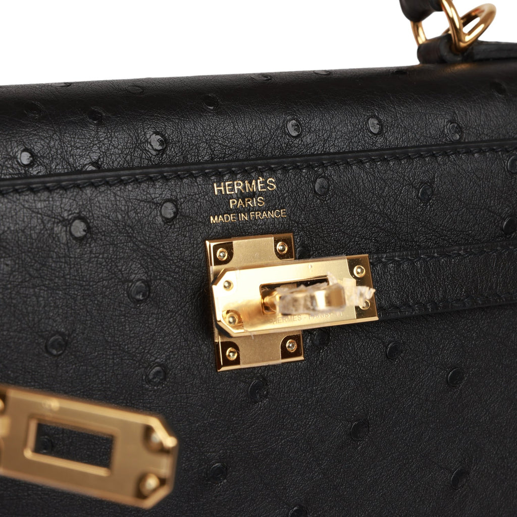 Hermes Kelly Bag Ostrich Leather Gold Hardware In Black
