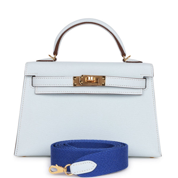 Hermès Mini Kelly Special Order Blue Brume, Vert Jade & Gold Epsom PHW Bag