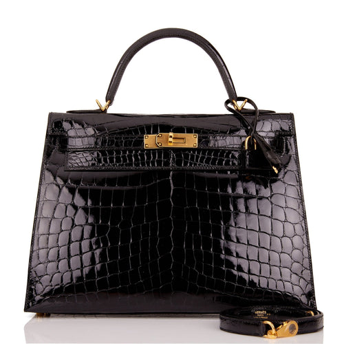 Hermes Kelly Sellier 32 Black Shiny Niloticus Crocodile Gold Hardware