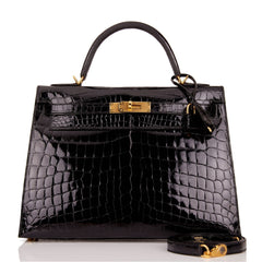 Hermes 32cm Kelly Black Alligator Bag