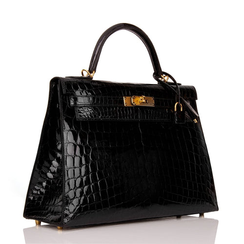 Hermes Kelly Sellier 32 Black Shiny Niloticus Crocodile Gold Hardware