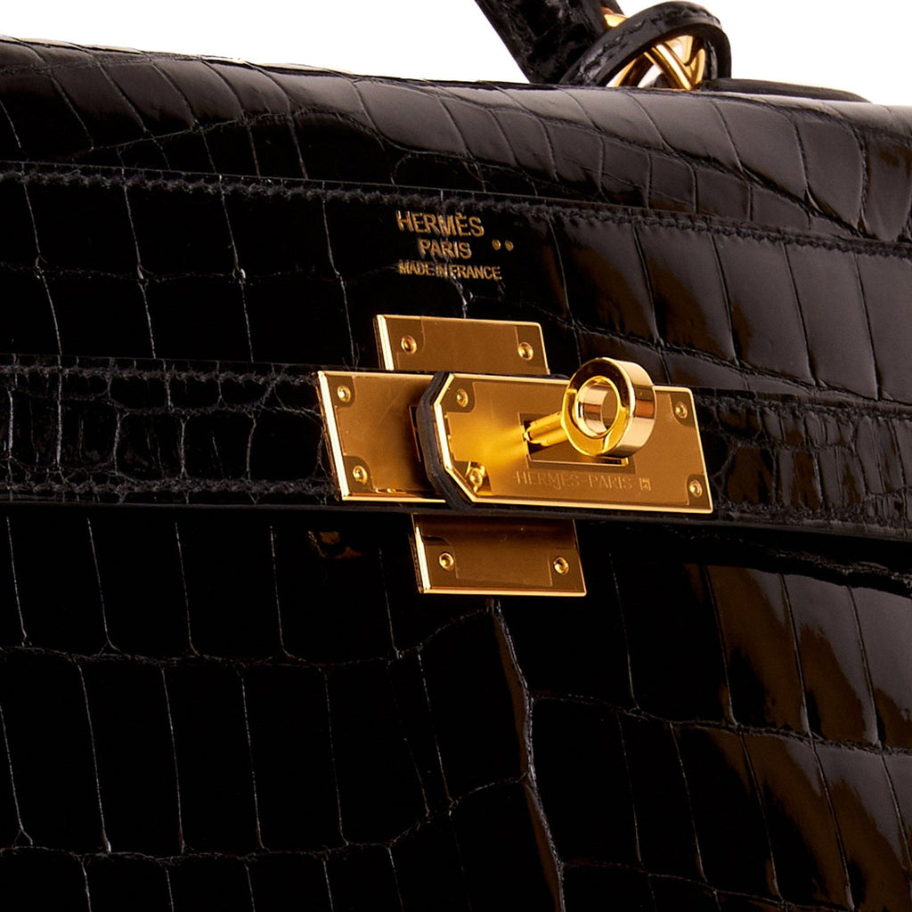 HERMES Kelly 32 Black Shiny Crocodile Palladium Hardware - Chelsea Vintage  Couture