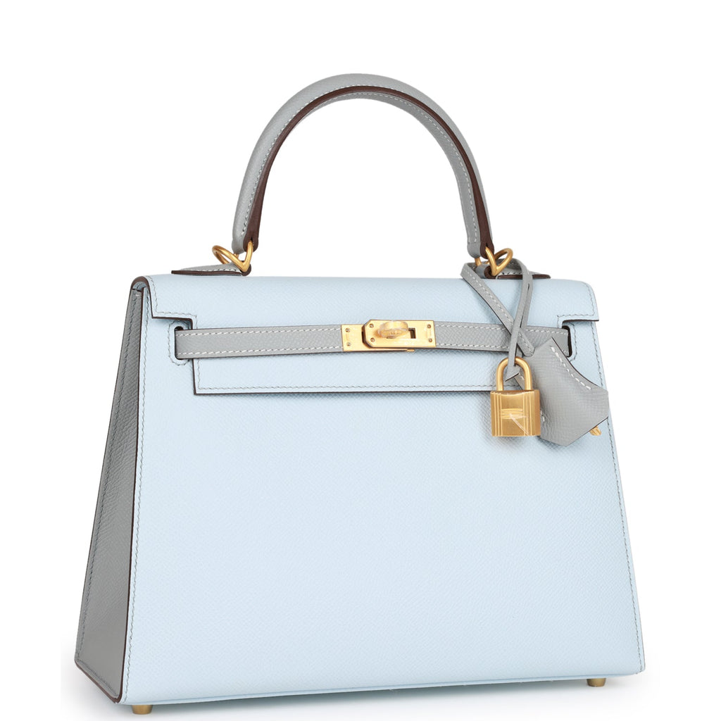 A BLEU GLACIER EPSOM LEATHER SELLIER KELLY 25 WITH GOLD HARDWARE