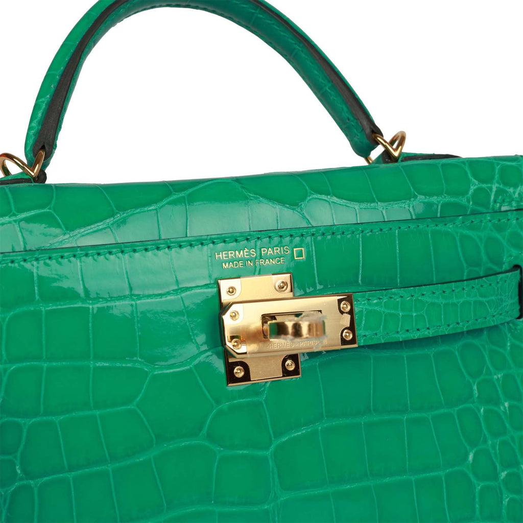 Hermes Kelly Sellier 20 Vert Jade Shiny Alligator Gold Hardware