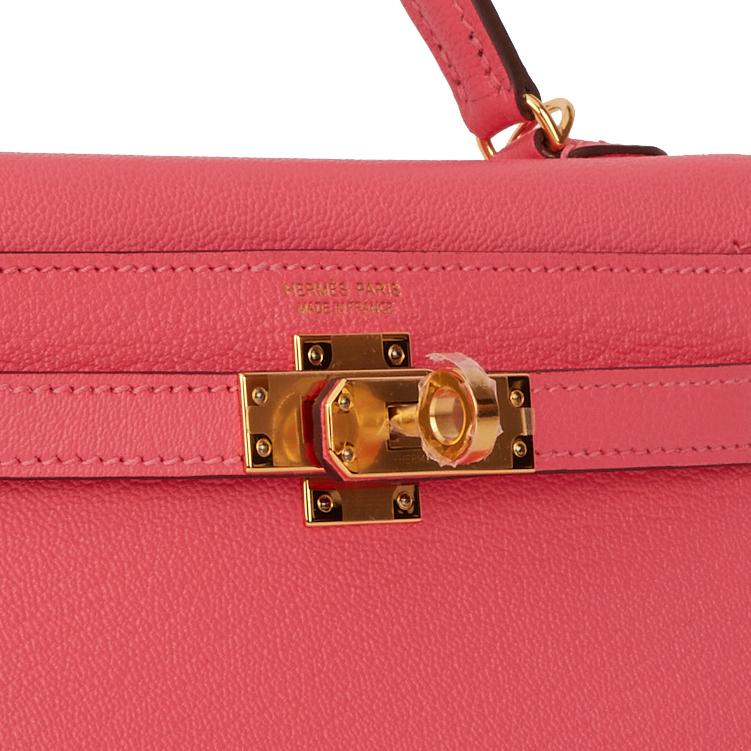 HERMÈS  ROSE LIPSTICK SELLIER KELLY 20CM OF CHEVRE LEATHER WITH