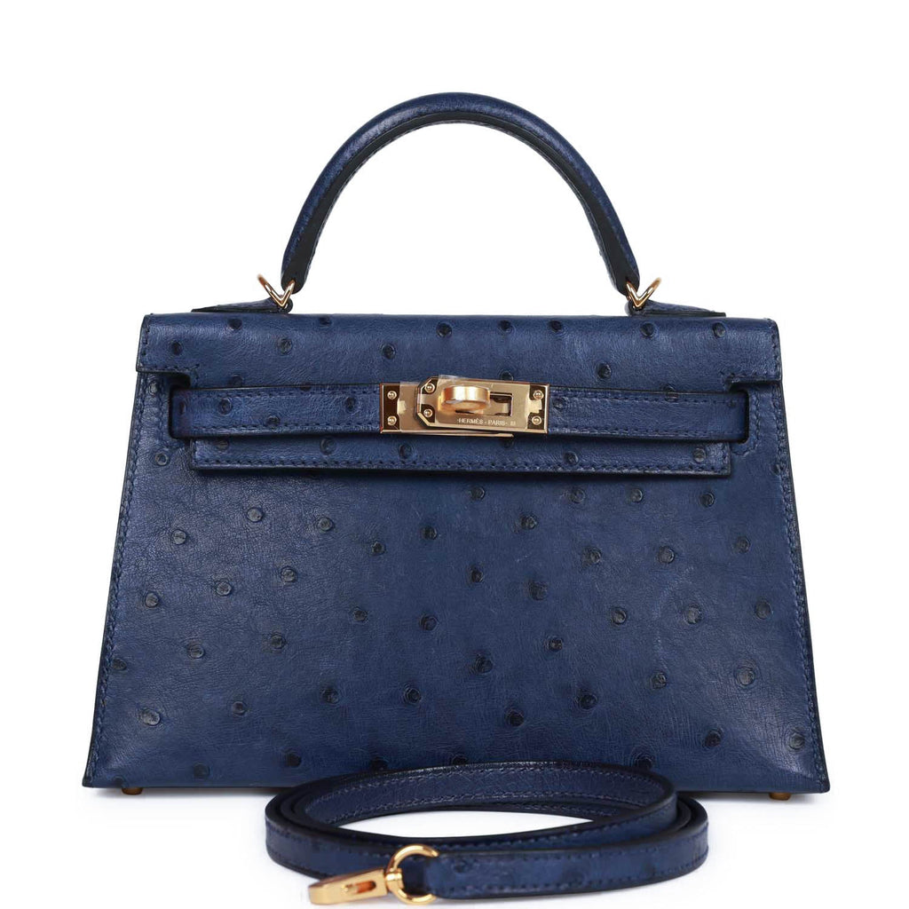 Women's Sapphire Blue Ostrich Grained Leather Hermes Kelly Top Handle Tote  Bag Gold Plated Hardware