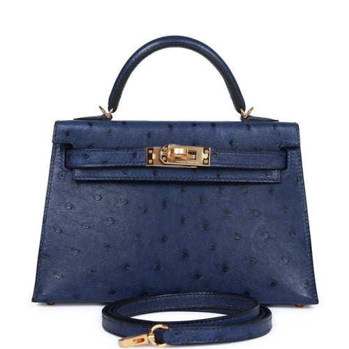 Pre-owned Hermes Kelly 20 Bleu Saphir Ostrich Gold Hardware