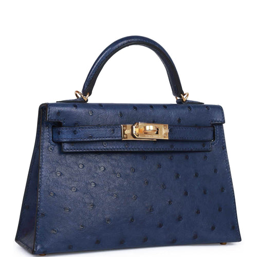 Pre-owned Hermes Kelly 20 Bleu Saphir Ostrich Gold Hardware