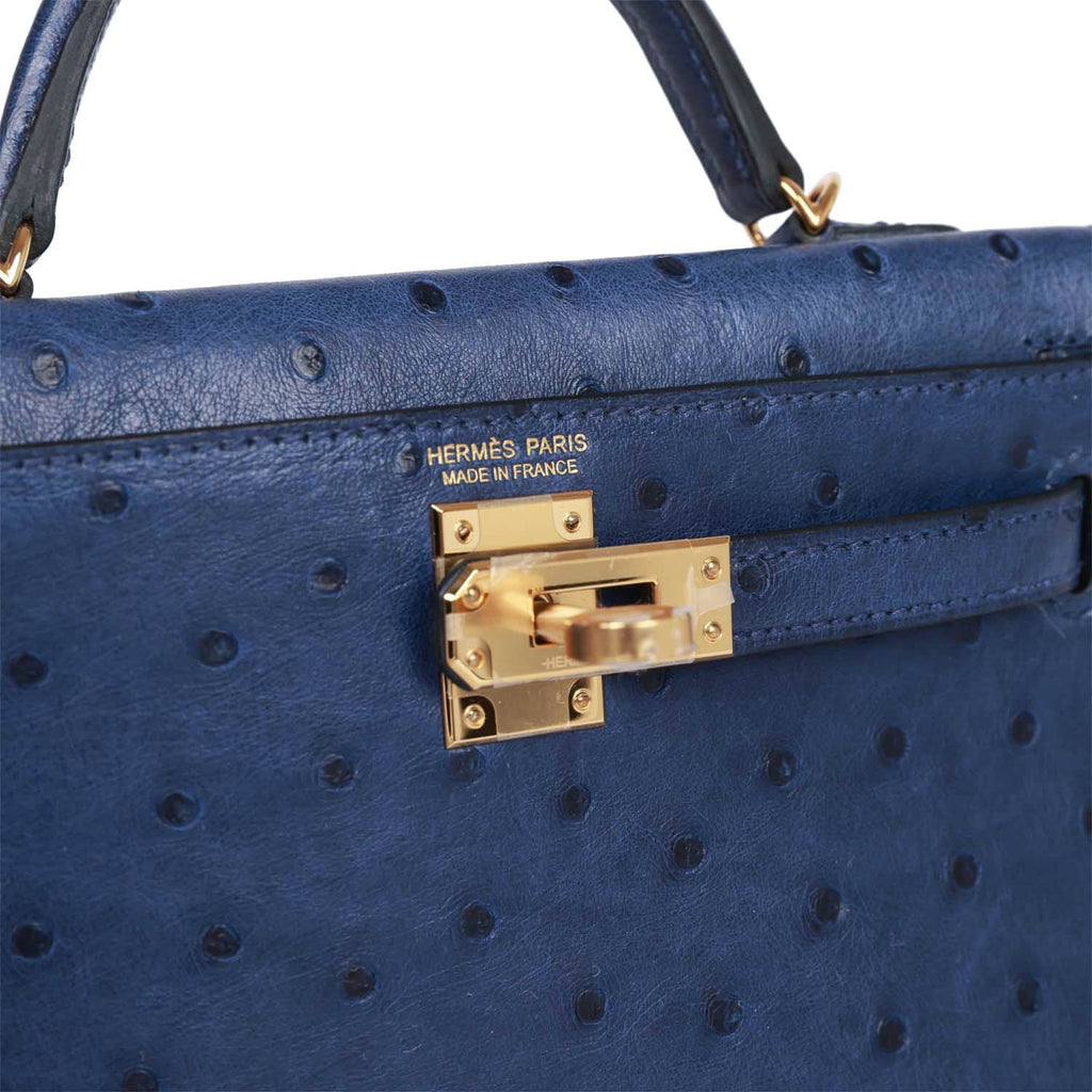 Hermès Kelly 25 Bleu Saphir Sellier Ostrich Gold Hardware GHW — The French  Hunter