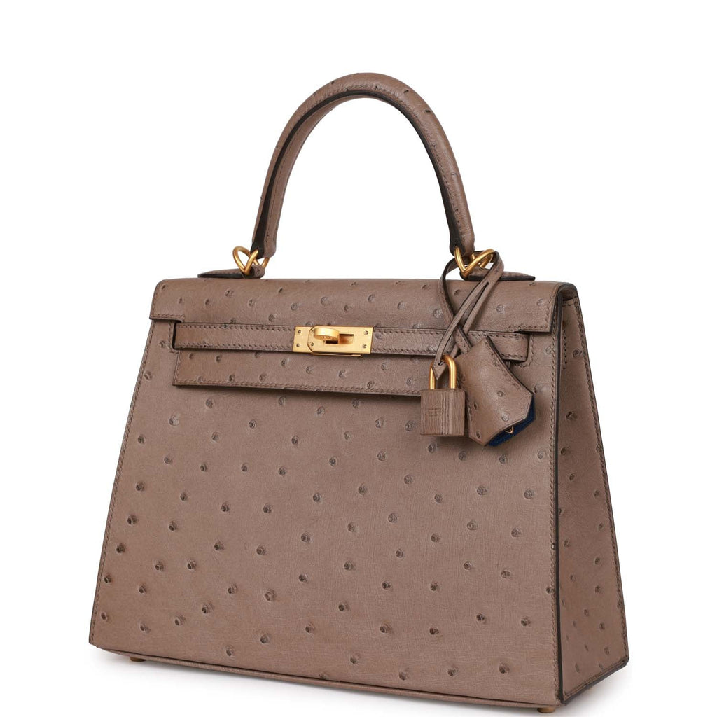 Pre-owned Hermes Special Order (HSS) Kelly Sellier 25 Gris Perle and  Anemone Chevre Brushed Gold Hardware