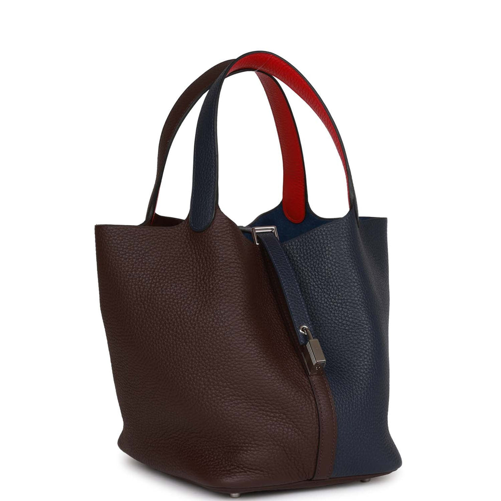 Hermes Picotin Lock casaque 2 bag PM Blue nuit/ Rouge sellier/ Framboise  Clemence leather Silver hardware